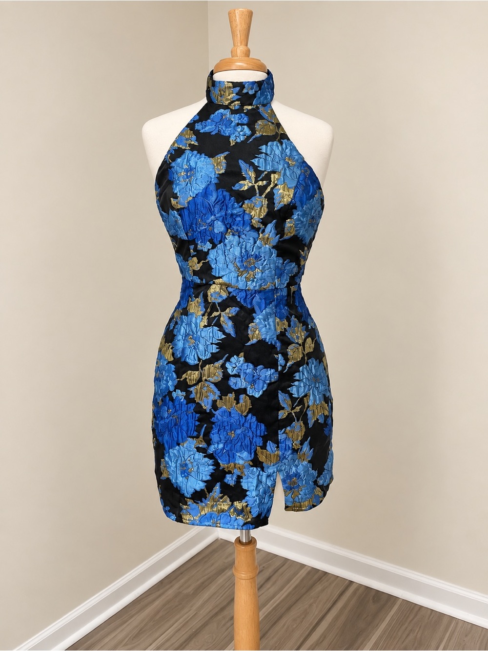Lulus High-Neck Blue Floral Jacquard Halter Dress